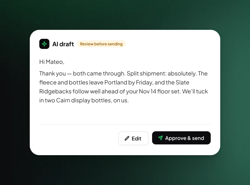 A wholesale email thread, an AI-drafted reply waiting for approval, and the thread's open questions and next step.