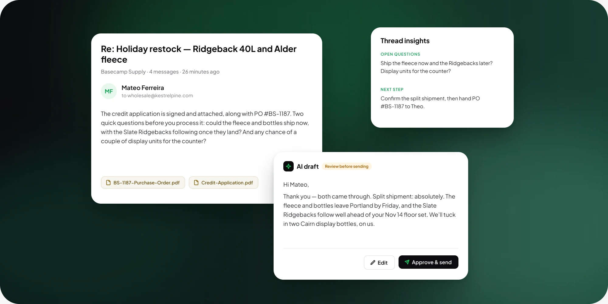 A wholesale email thread, an AI-drafted reply waiting for approval, and the thread's open questions and next step.