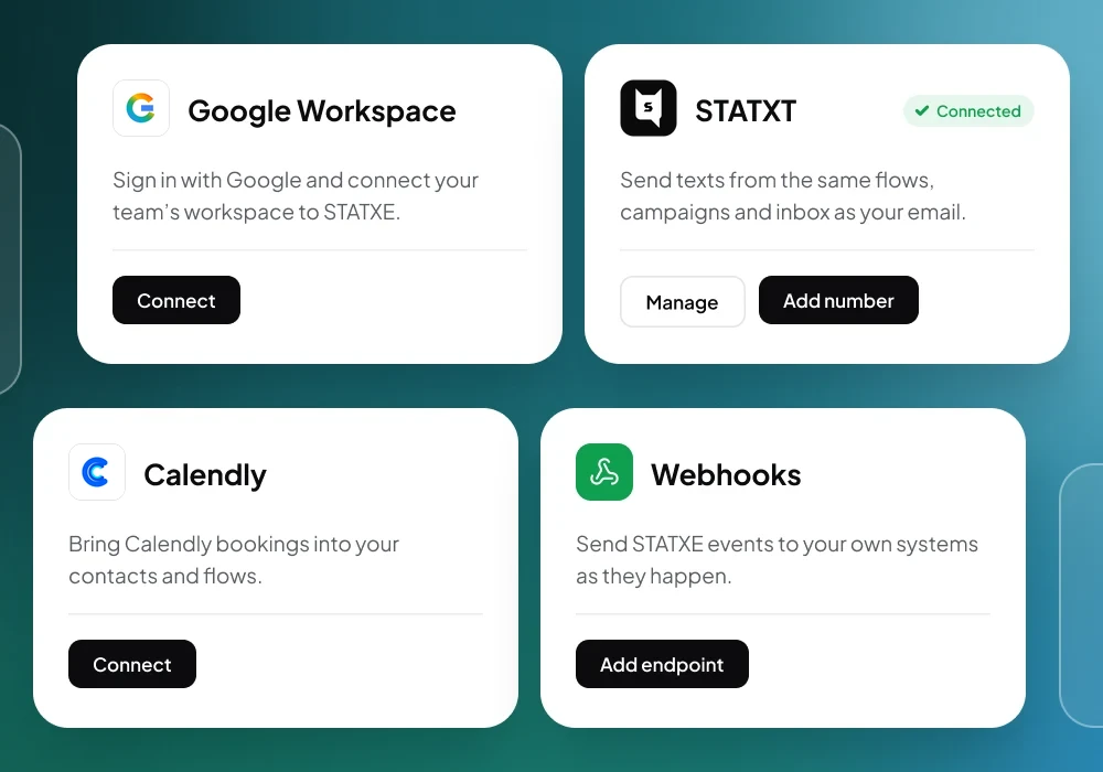 Integration cards for Google Workspace, STATXT, Calendly and webhooks.