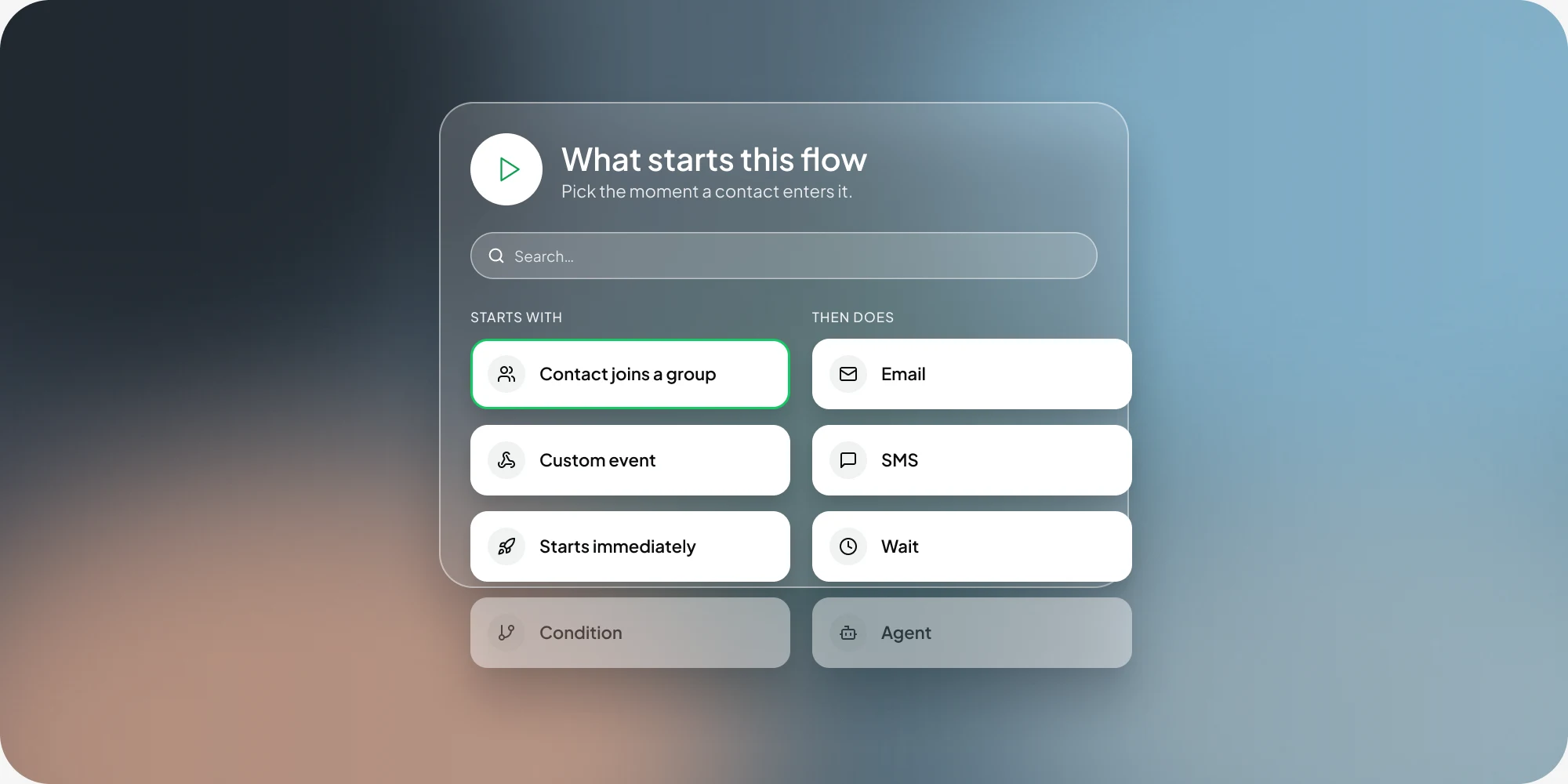 Choosing what starts a flow: contact joins a group, custom event or starts immediately, followed by email, SMS or wait.